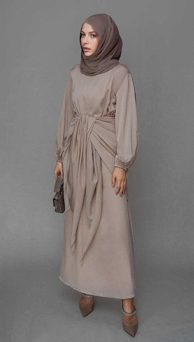 Lulule Maxi Abaya Dress with Detached Apron Elasticated Sleeve Like Tie Waist Piece in Satin Light Beige, view 7
