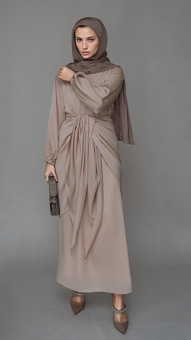 Lulule Maxi Abaya Dress with Detached Apron Elasticated Sleeve Like Tie Waist Piece in Satin Light Beige, view 5