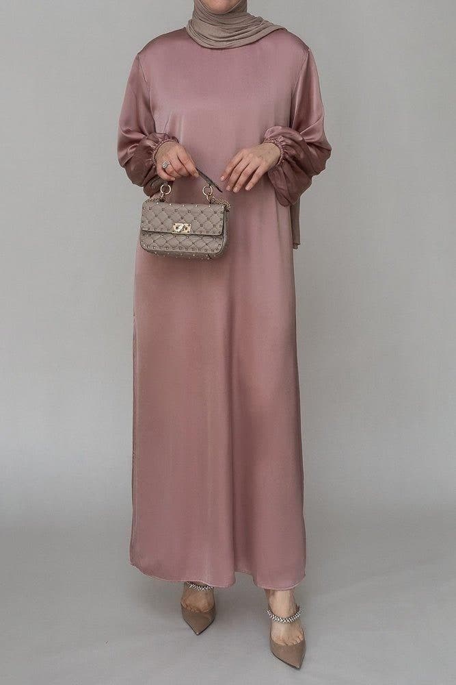 Ulaa Maxi Abaya Dress with Detached Apron Elasticated Sleeve Like Tie Waist Piece in Satin Pink, view 5