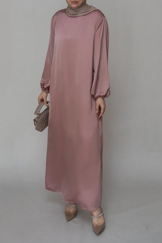 Ulaa Maxi Abaya Dress with Detached Apron Elasticated Sleeve Like Tie Waist Piece in Satin Pink, view 7