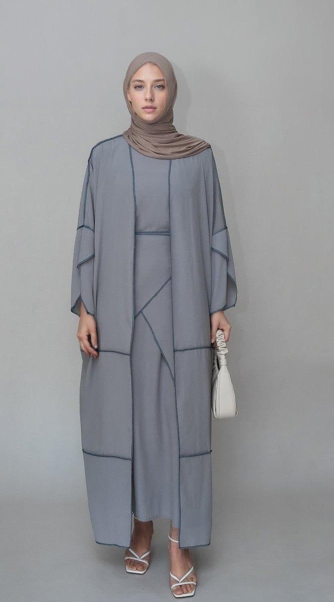 Tabbia three piece maxi lightweight abaya in grey