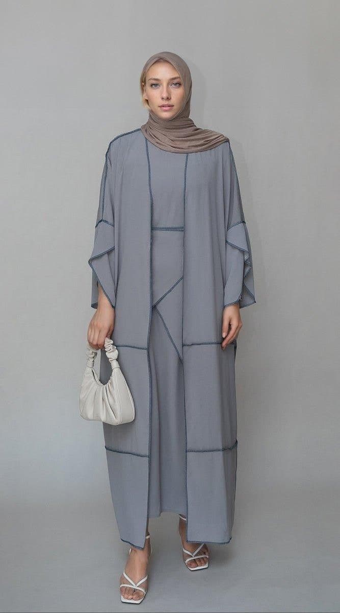 Tabbia Three Piece Maxi Lightweight Abaya in Grey, view 3