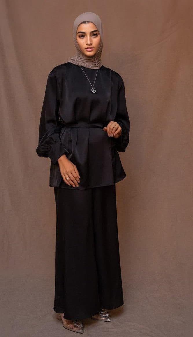 Elzara Modest Set with Spanish Cut Pants and Top Petite Sizes Only in Black, view 7