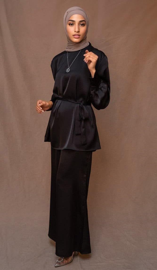 Elzara Modest Set with Spanish Cut Pants and Top Petite Sizes Only in Black, view 8