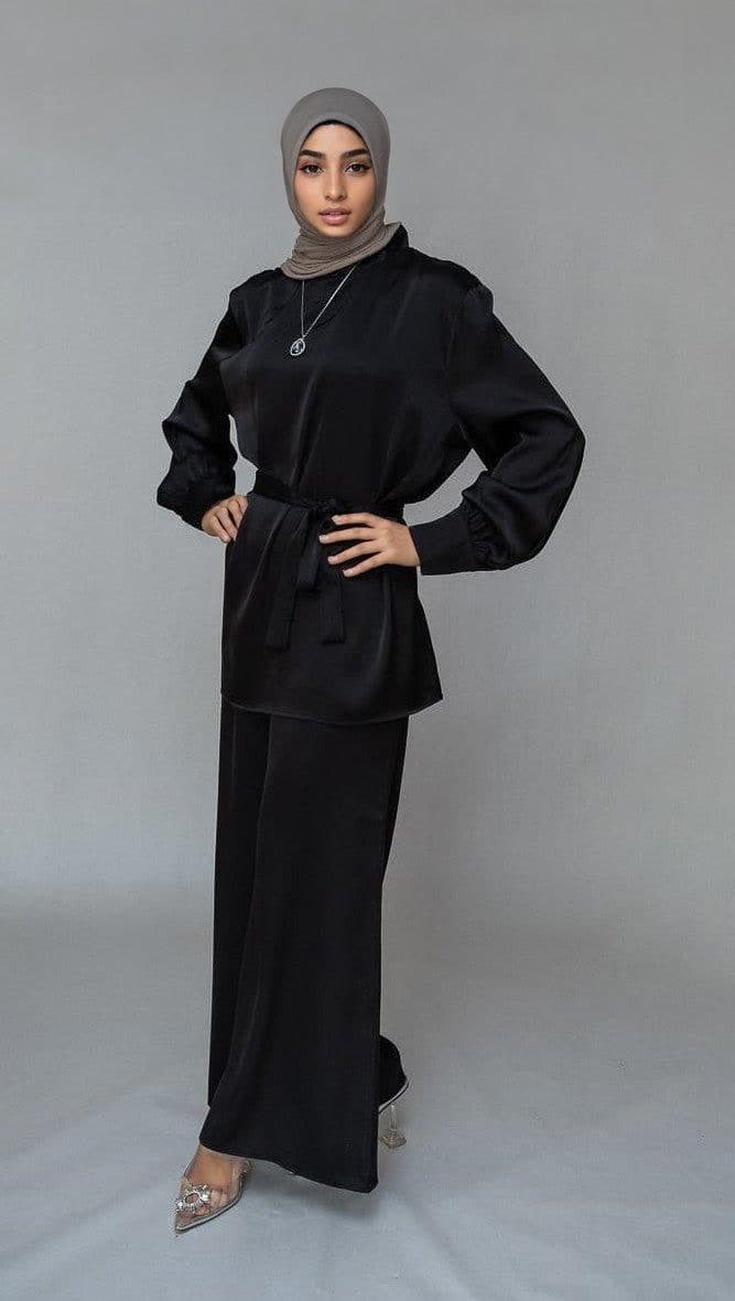 Elzara Modest Set with Spanish Cut Pants and Top Petite Sizes Only in Black, view 4