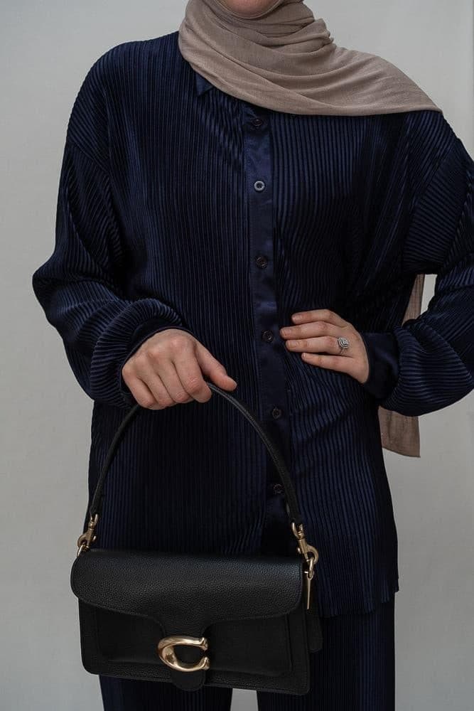 Kibaar Pleated Modest Set with Pants and Shirt in Navy Dark Blue, view 5