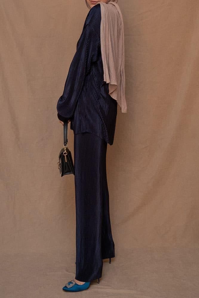 Kibaar Pleated Modest Set with Pants and Shirt in Navy Dark Blue, view 14