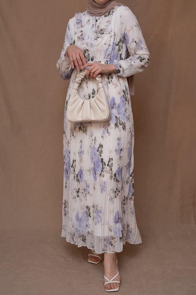 Amorita Chiffon Floral Pleated Dress with Maxi Sleeve and Ruffled Top in White, view 10