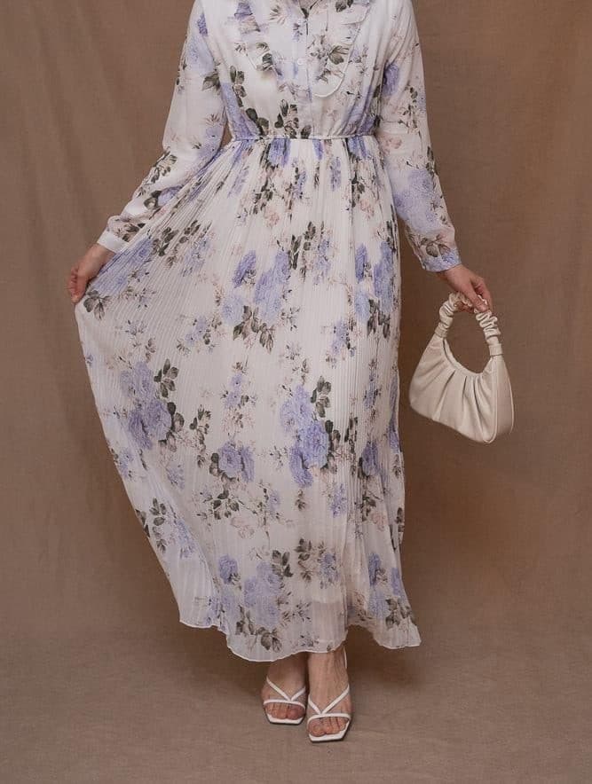 Amorita Chiffon Floral Pleated Dress with Maxi Sleeve and Ruffled Top in White, view 12