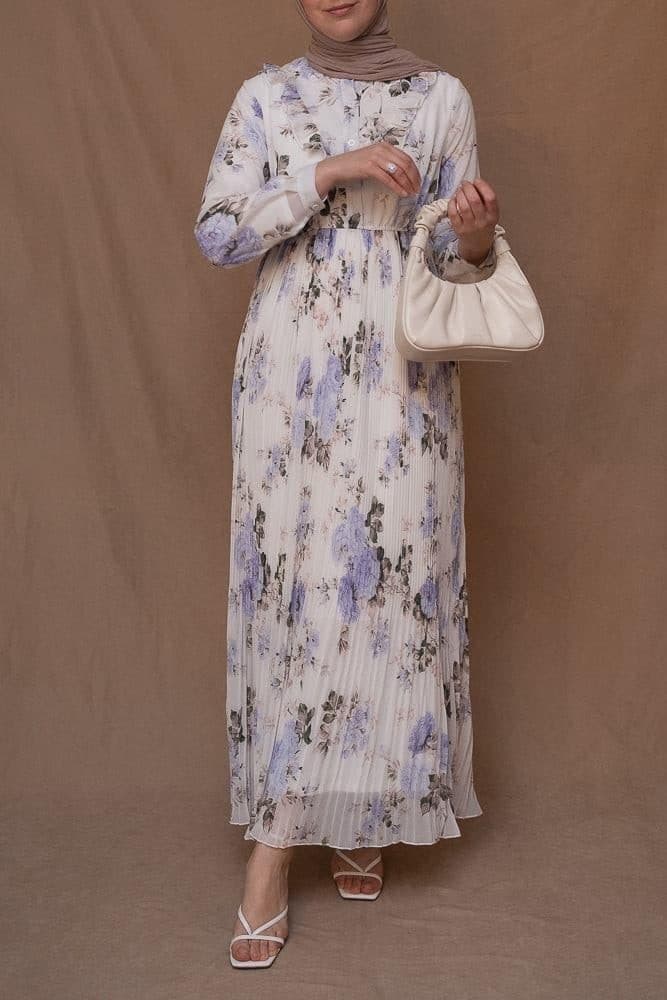 Amorita Chiffon Floral Pleated Dress with Maxi Sleeve and Ruffled Top in White, view 8
