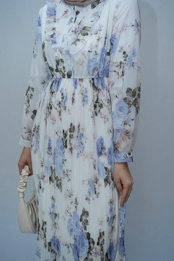 Amorita Chiffon Floral Pleated Dress with Maxi Sleeve and Ruffled Top in White, view 5