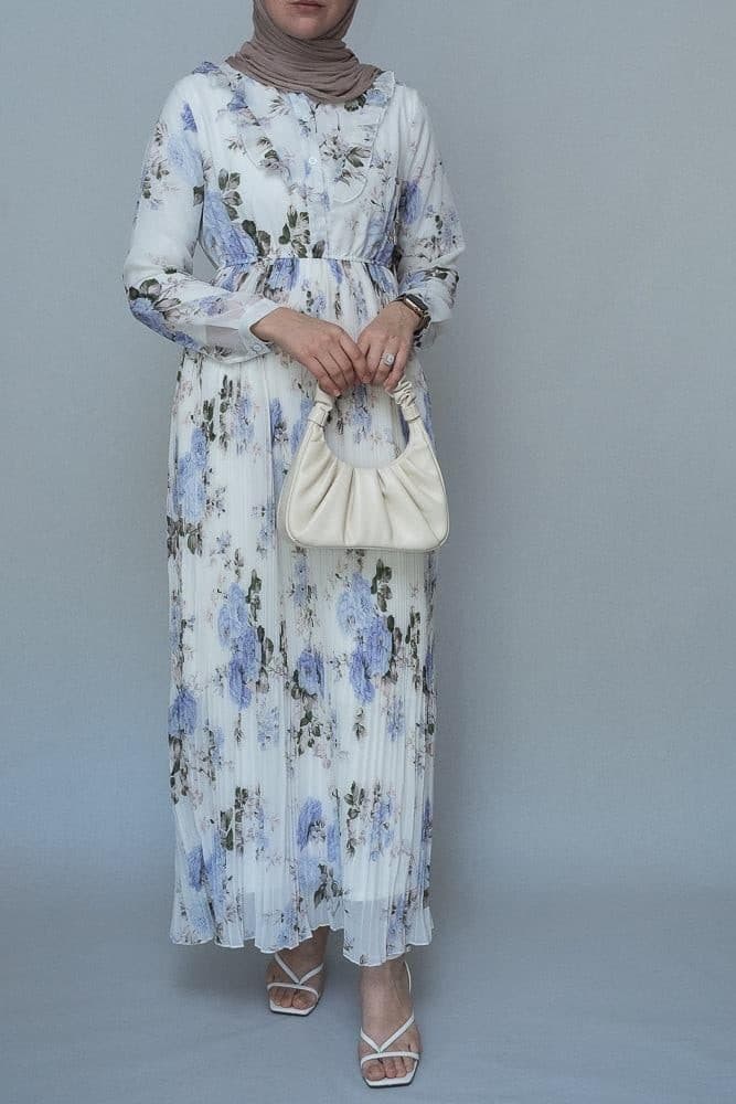 Amorita Chiffon Floral Pleated Dress with Maxi Sleeve and Ruffled Top in White, view 4