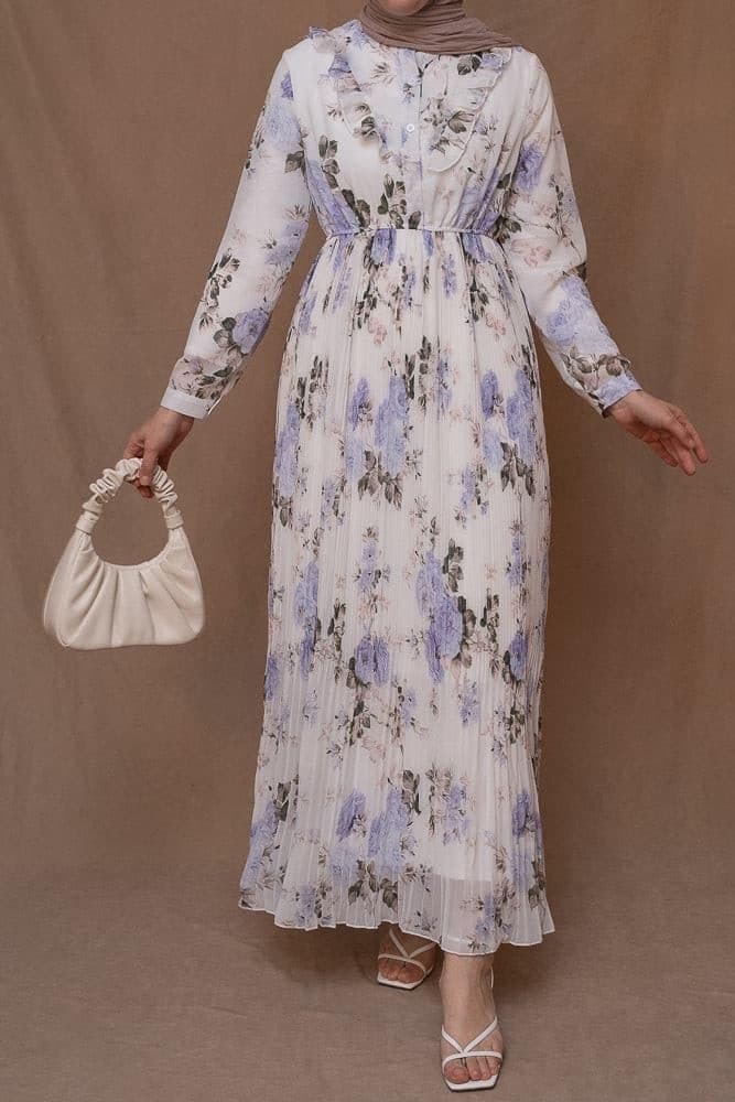 Amorita Chiffon Floral Pleated Dress with Maxi Sleeve and Ruffled Top in White, view 9