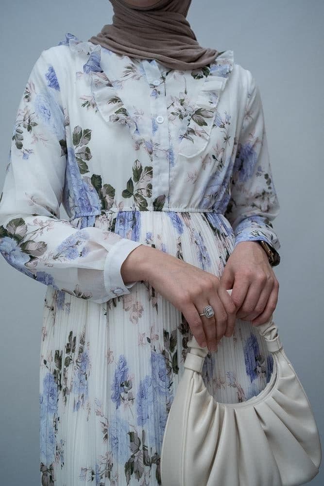 Amorita Chiffon Floral Pleated Dress with Maxi Sleeve and Ruffled Top in White, view 6