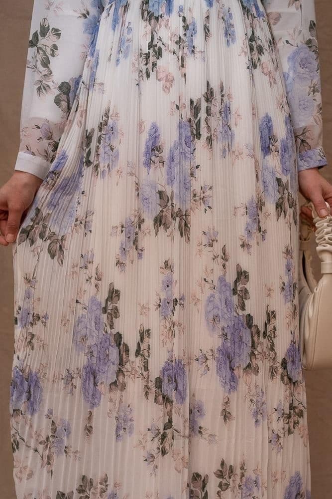 Amorita Chiffon Floral Pleated Dress with Maxi Sleeve and Ruffled Top in White, view 15