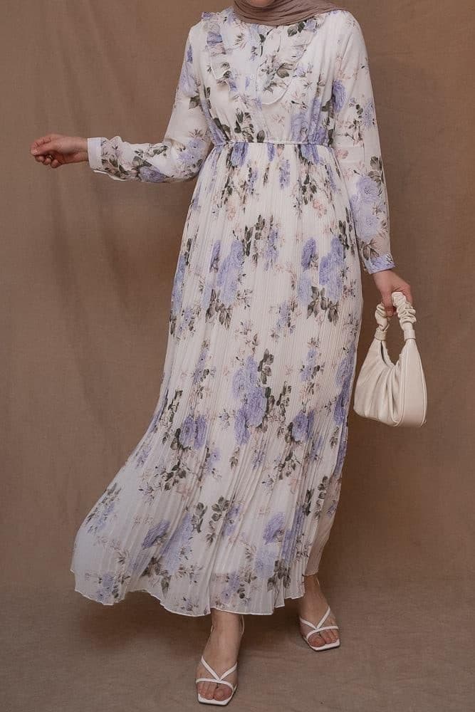 Amorita Chiffon Floral Pleated Dress with Maxi Sleeve and Ruffled Top in White, view 14