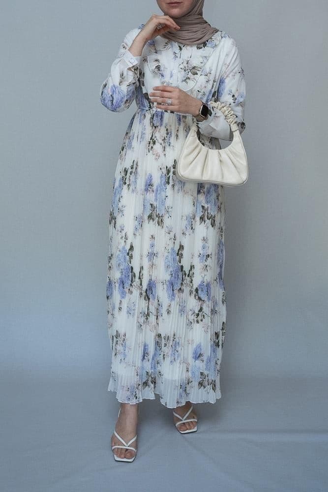 Amorita Chiffon Floral Pleated Dress with Maxi Sleeve and Ruffled Top in White, view 3
