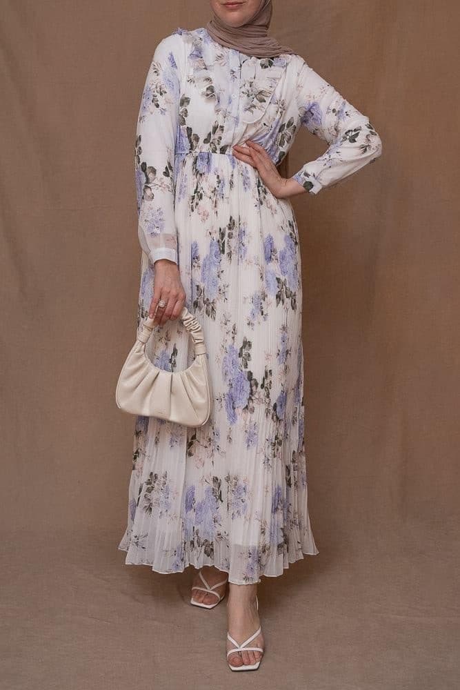 Amorita Chiffon Floral Pleated Dress with Maxi Sleeve and Ruffled Top in White, view 7