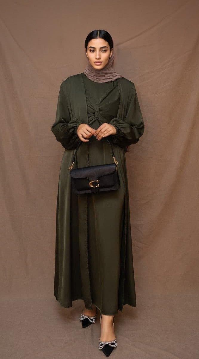 Marrgoh 2 Piece Luxury Emerald 2 Piece Abaya with Wrap Bodice in green, view 7