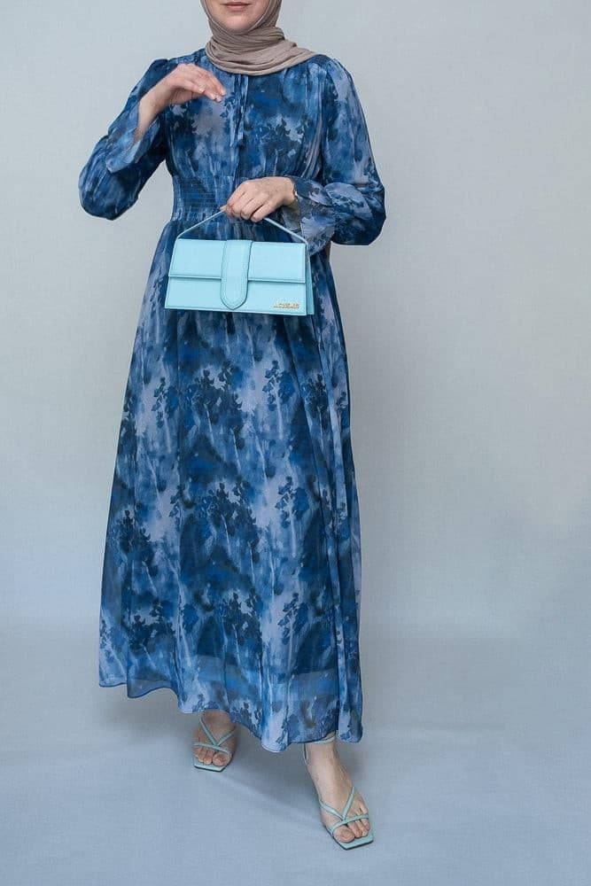 Lilymay Maxi Dress with Shirred Waist and Ruched Maxi Sleeve in Ocean Blue, view 3