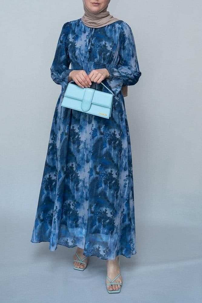 Lilymay Maxi Dress with Shirred Waist and Ruched Maxi Sleeve in Ocean Blue, view 5