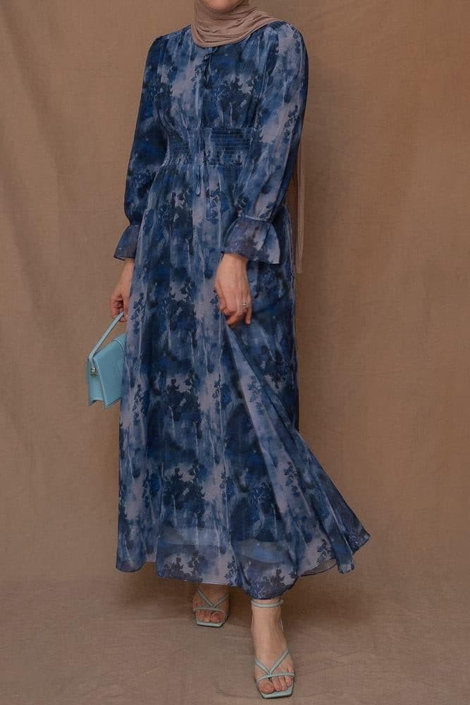 Lilymay Maxi Dress with Shirred Waist and Ruched Maxi Sleeve in Ocean Blue, view 14