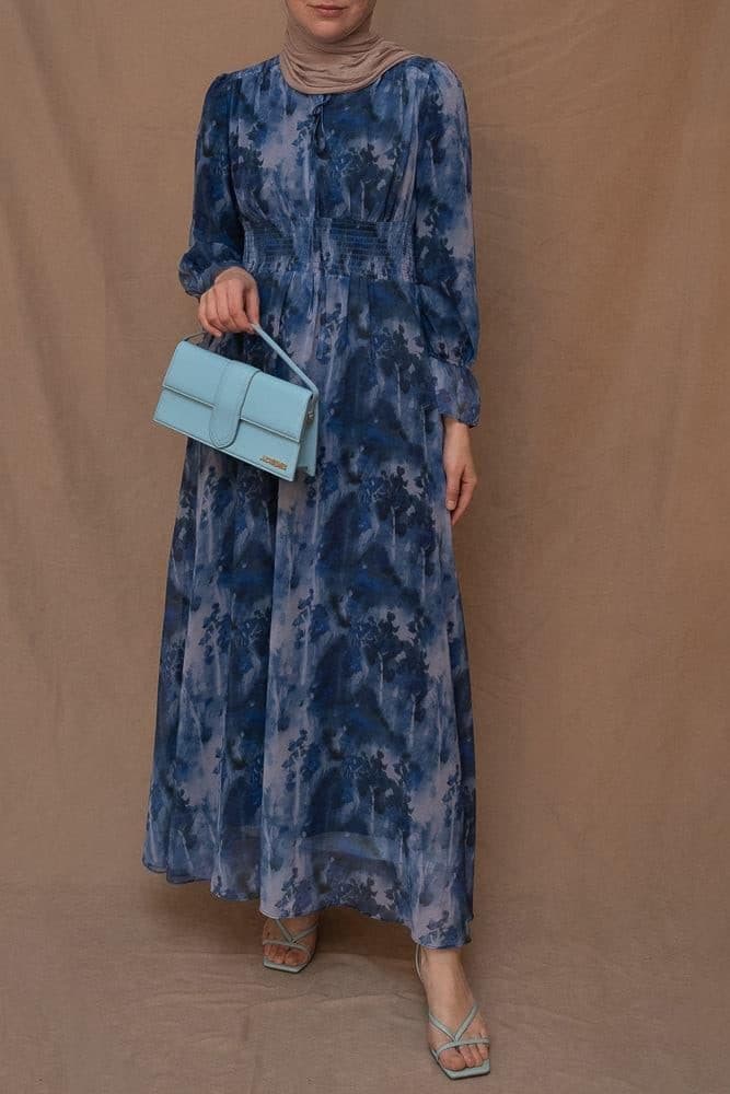 Lilymay Maxi Dress with Shirred Waist and Ruched Maxi Sleeve in Ocean Blue, view 9