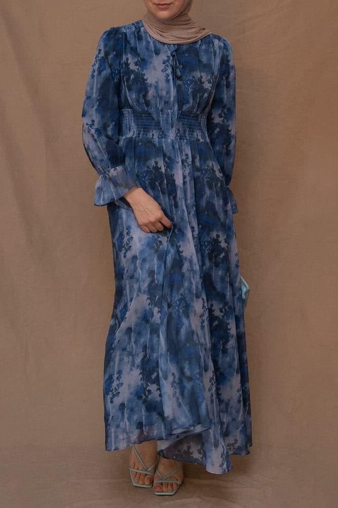 Lilymay Maxi Dress with Shirred Waist and Ruched Maxi Sleeve in Ocean Blue, view 10