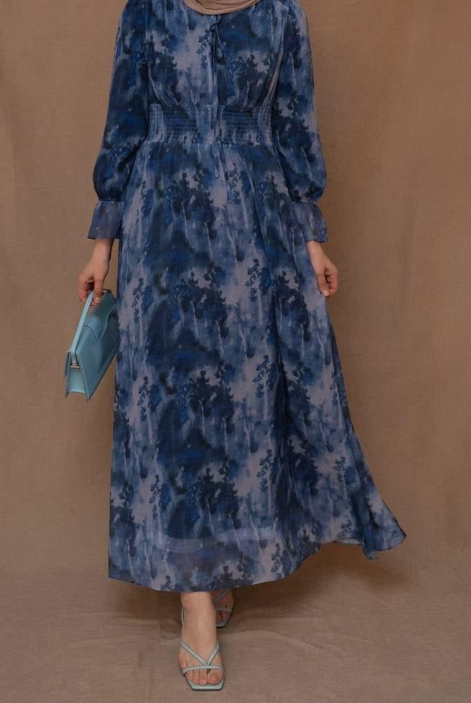 Lilymay Maxi Dress with Shirred Waist and Ruched Maxi Sleeve in Ocean Blue, view 13