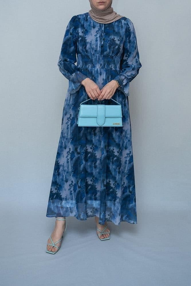 Lilymay Maxi Dress with Shirred Waist and Ruched Maxi Sleeve in Ocean Blue, view 4