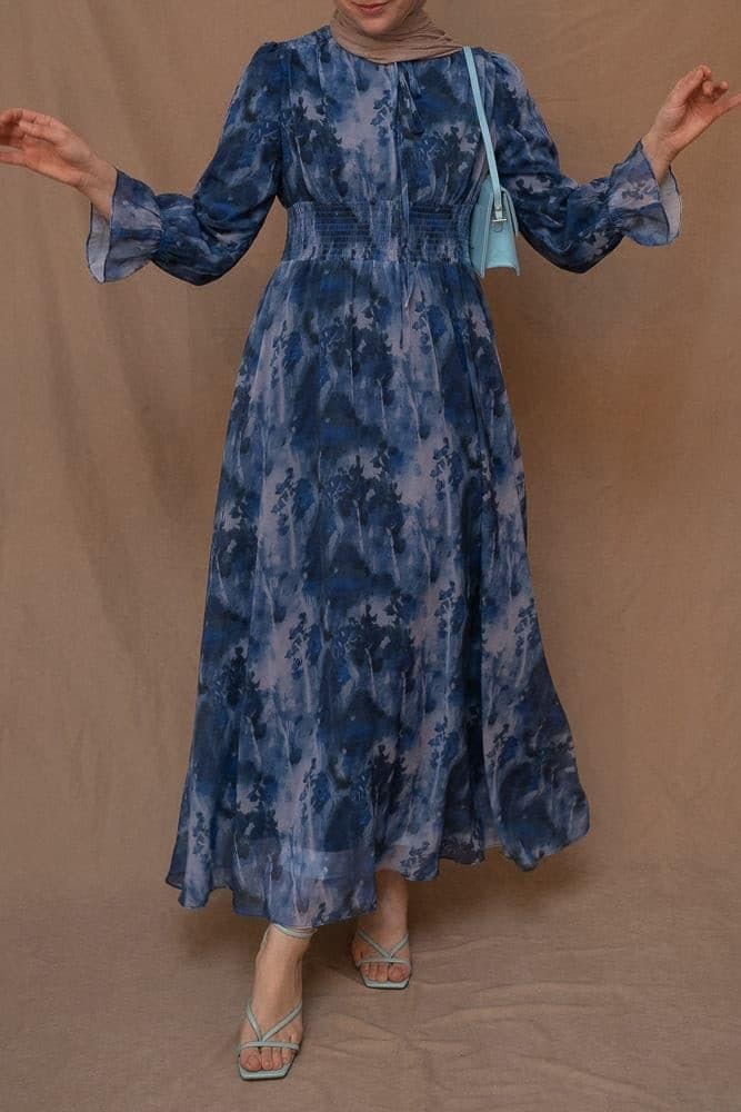 Lilymay Maxi Dress with Shirred Waist and Ruched Maxi Sleeve in Ocean Blue, view 18