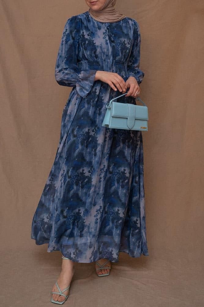 Lilymay Maxi Dress with Shirred Waist and Ruched Maxi Sleeve in Ocean Blue, view 8