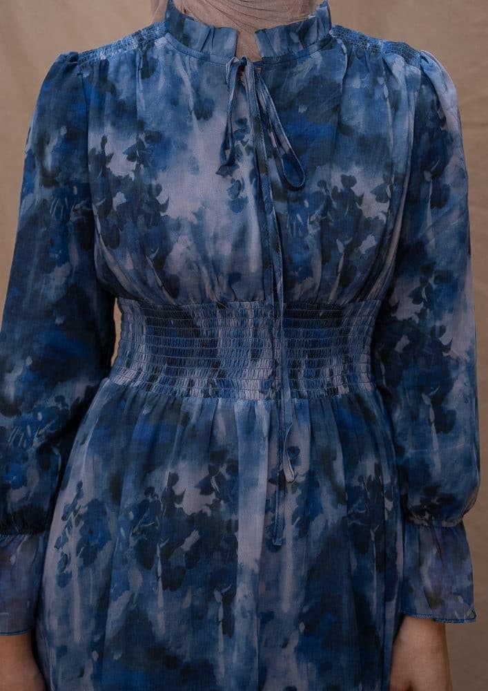 Lilymay Maxi Dress with Shirred Waist and Ruched Maxi Sleeve in Ocean Blue, view 17