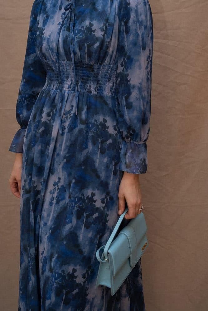 Lilymay Maxi Dress with Shirred Waist and Ruched Maxi Sleeve in Ocean Blue, view 15