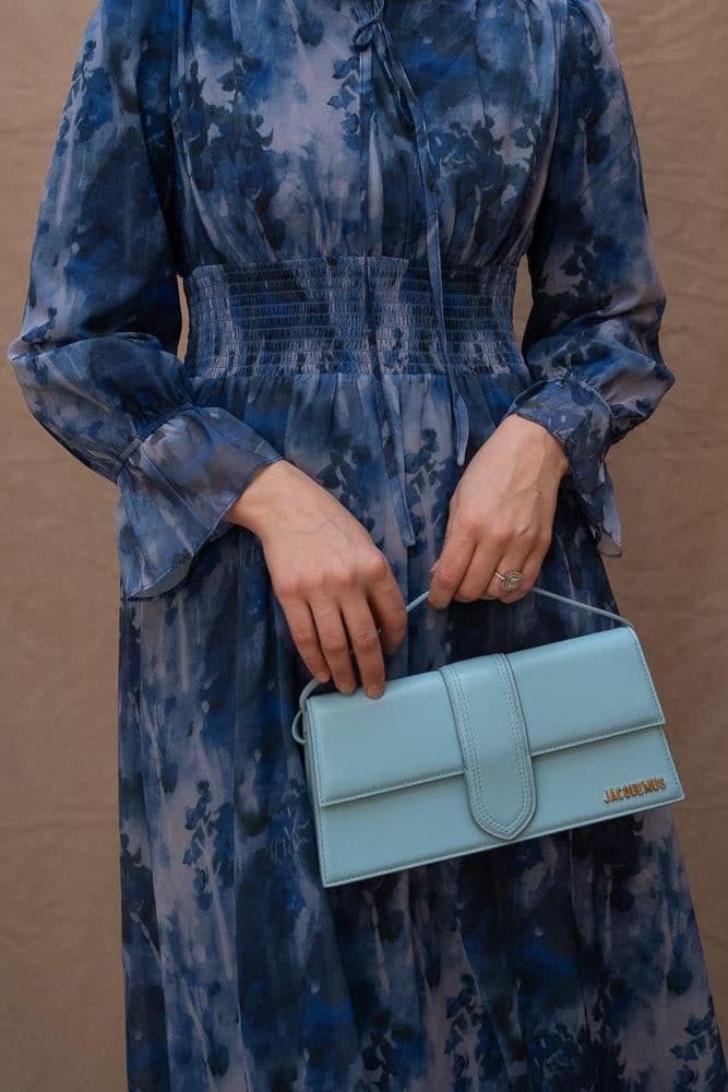 Lilymay Maxi Dress with Shirred Waist and Ruched Maxi Sleeve in Ocean Blue, view 16