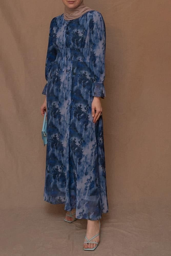 Lilymay Maxi Dress with Shirred Waist and Ruched Maxi Sleeve in Ocean Blue, view 12