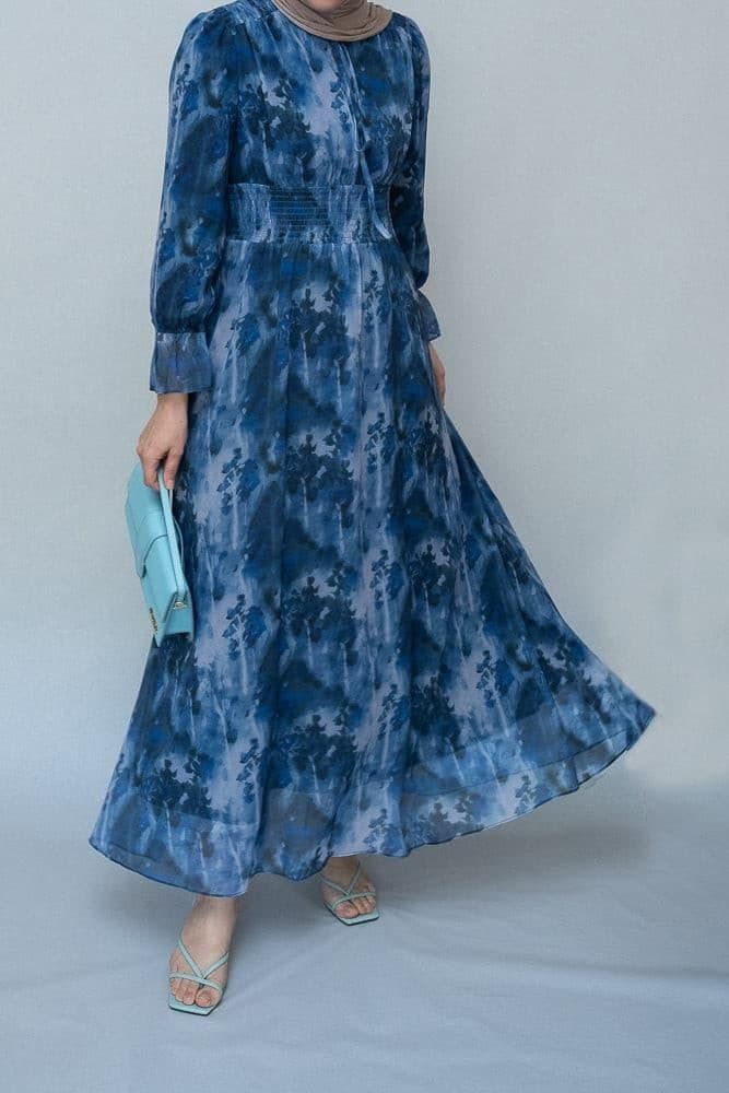 Lilymay Maxi Dress with Shirred Waist and Ruched Maxi Sleeve in Ocean Blue, view 6
