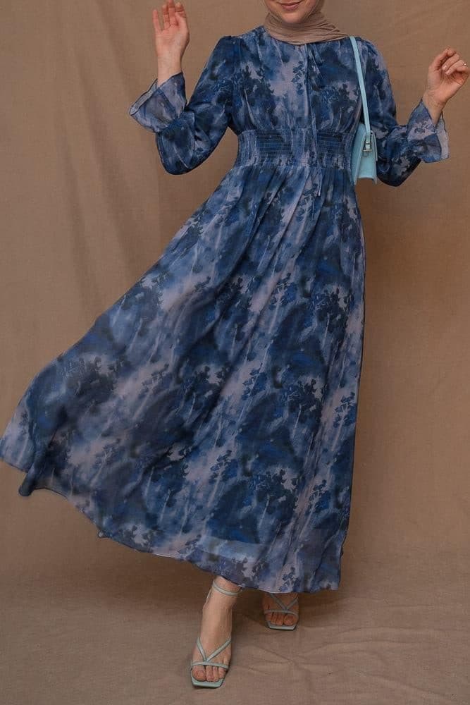 Lilymay Maxi Dress with Shirred Waist and Ruched Maxi Sleeve in Ocean Blue, view 19