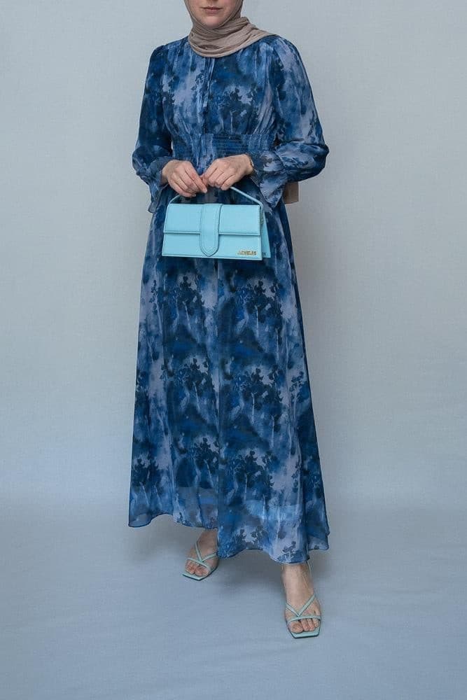 Lilymay Maxi Dress with Shirred Waist and Ruched Maxi Sleeve in Ocean Blue, view 7