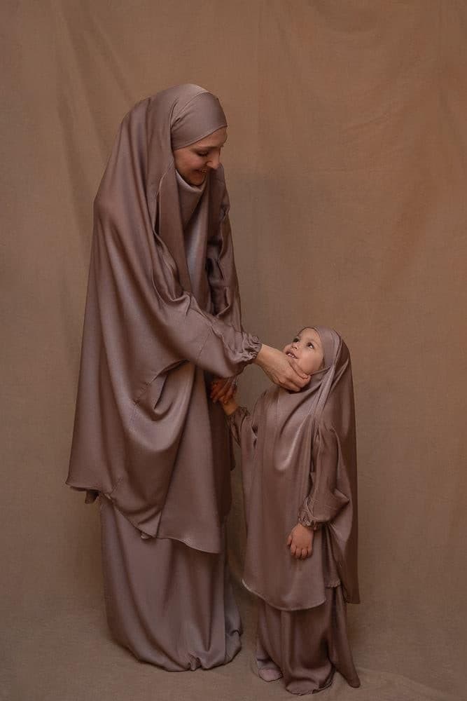Detailed close-up of the KIDS Coffee Satin Prayer Outfit