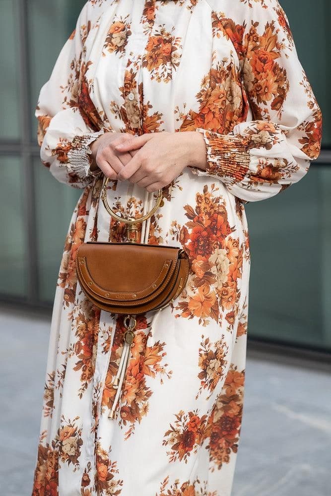Karanfil Ruched Sleeve Maxi Dress in Ditsy Autumn Floral Loose Fit in white, view 7