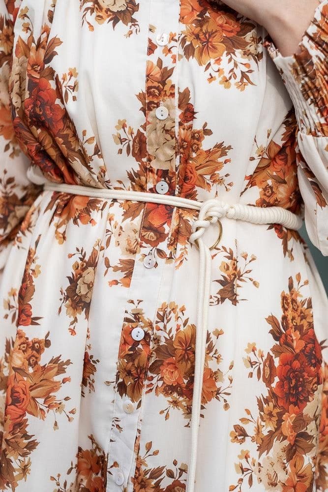 Karanfil Ruched Sleeve Maxi Dress in Ditsy Autumn Floral Loose Fit in white, view 10