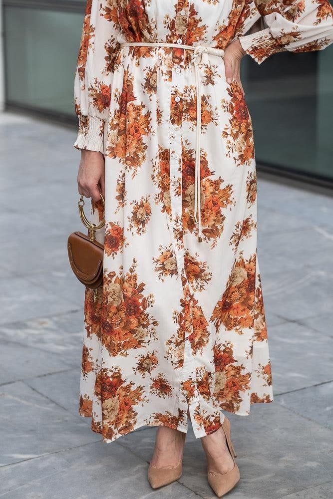 Karanfil Ruched Sleeve Maxi Dress in Ditsy Autumn Floral Loose Fit in white, view 11