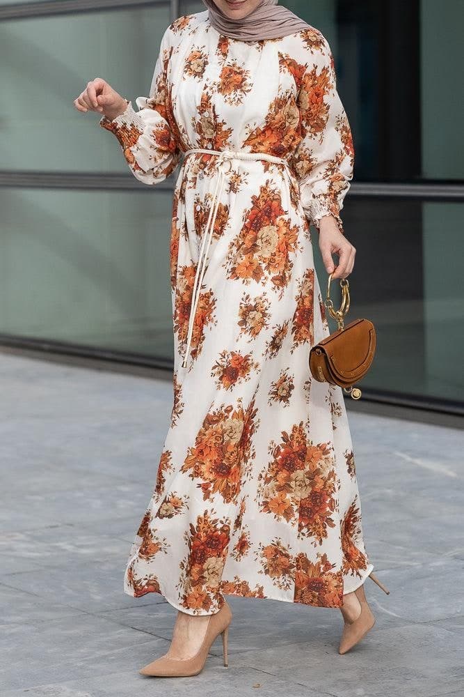 Karanfil Ruched Sleeve Maxi Dress in Ditsy Autumn Floral Loose Fit in white, view 15