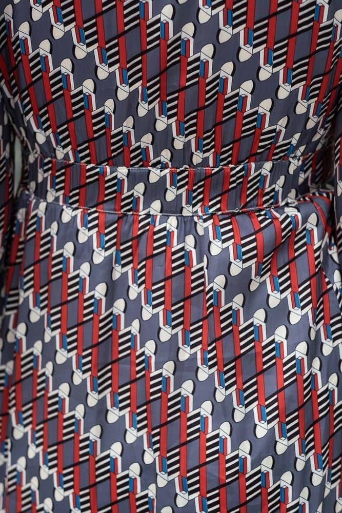 Rubio Maxi Dress with Contrast Cuffs and Collar Front Button Fastening and Elasticated Waistline in Geo Print in red, view 8