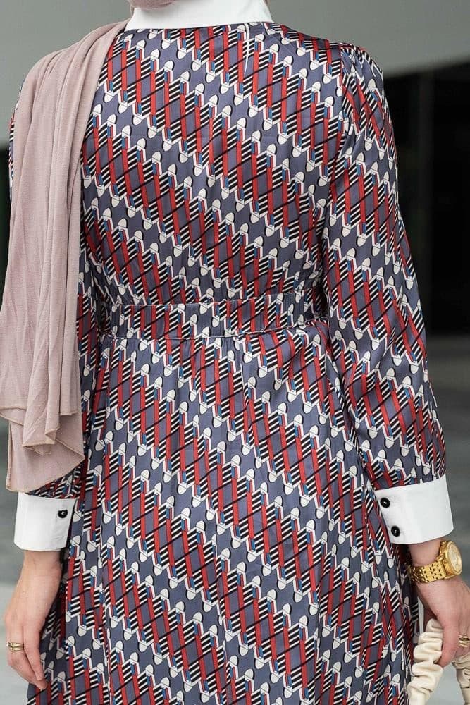 Rubio Maxi Dress with Contrast Cuffs and Collar Front Button Fastening and Elasticated Waistline in Geo Print in red, view 6