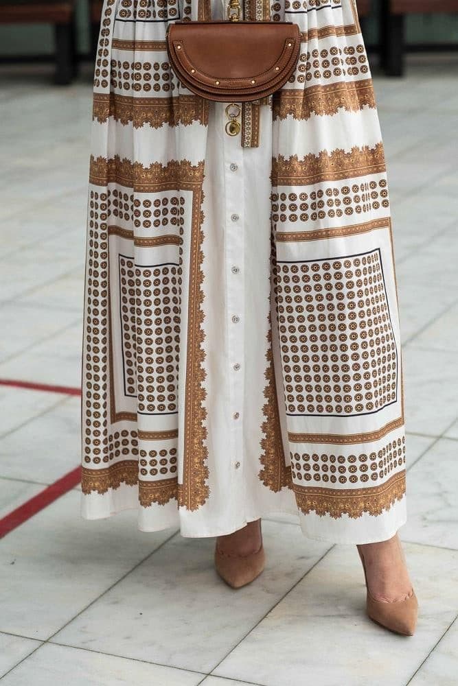 Orianna Scarf-print Maxi Dress with Front Button Fastening Breastfeeding Friendly and Long Sleeved in yellow, view 14