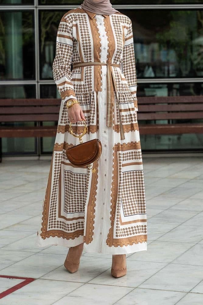 Orianna Scarf-print Maxi Dress with Front Button Fastening Breastfeeding Friendly and Long Sleeved in yellow, view 9