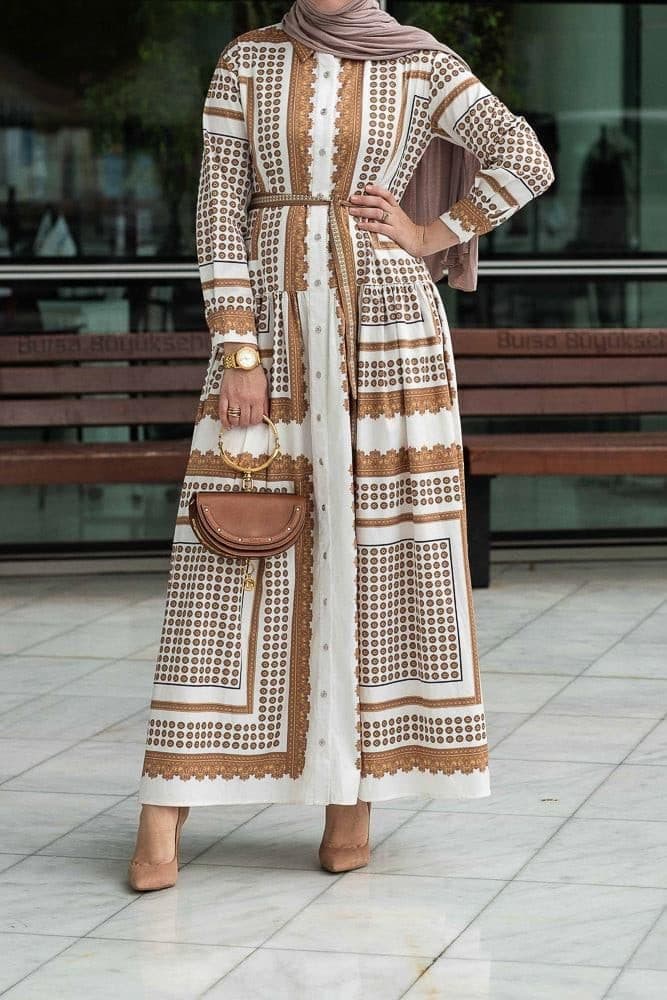 Orianna Scarf-print Maxi Dress with Front Button Fastening Breastfeeding Friendly and Long Sleeved in yellow, view 5