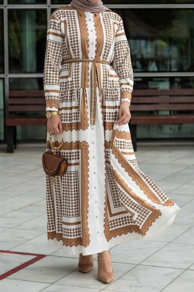 Orianna Scarf-print Maxi Dress with Front Button Fastening Breastfeeding Friendly and Long Sleeved in yellow, view 10